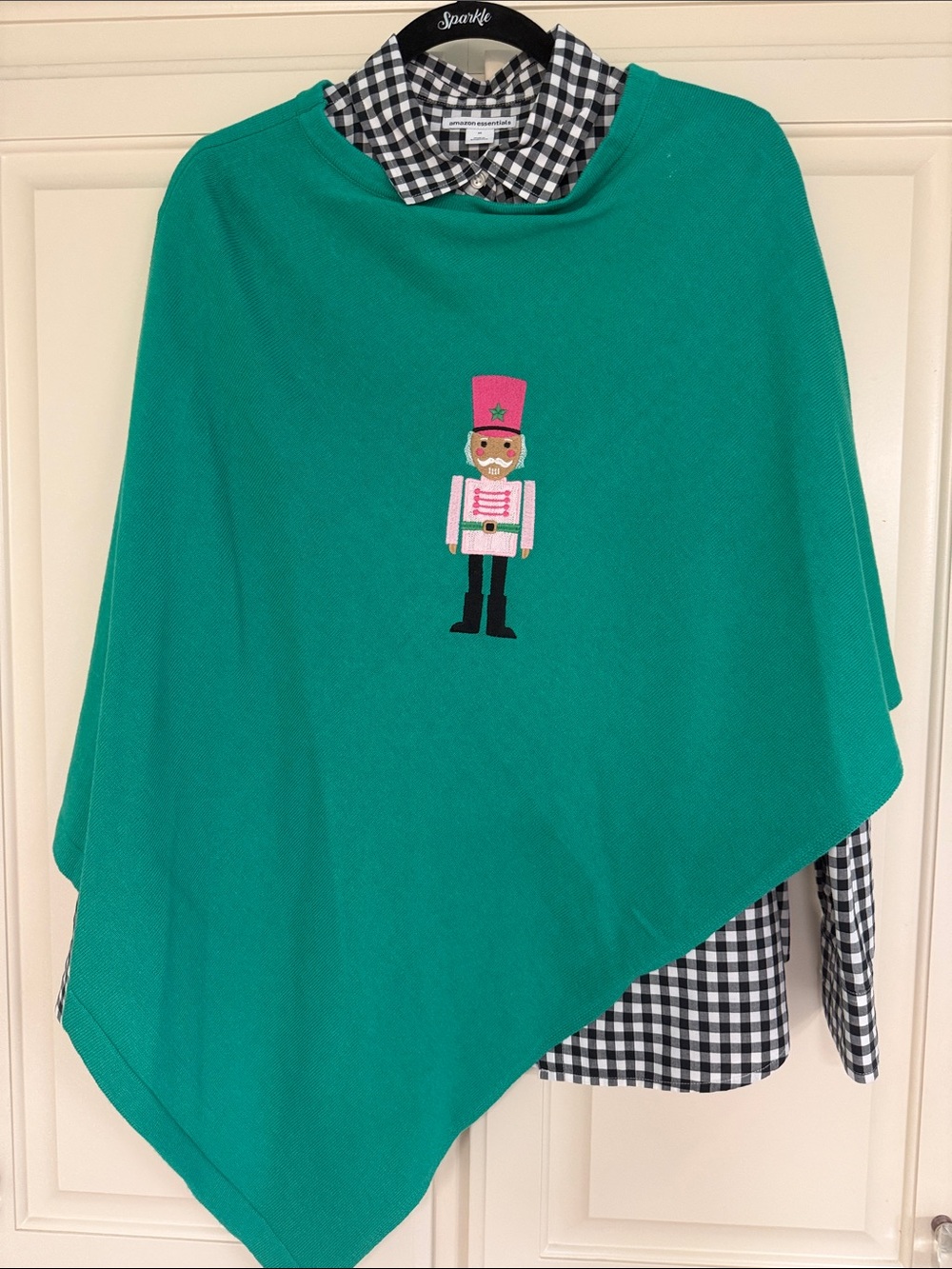 SET - Green Nutcracker Embroidered Poncho w/gingham shirt